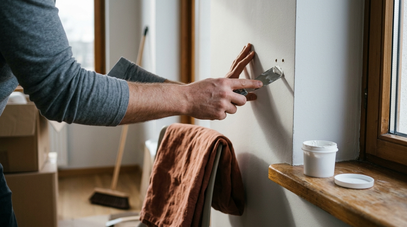Rebouchage de trous dans un mur blanc avec un enduit et une spatule