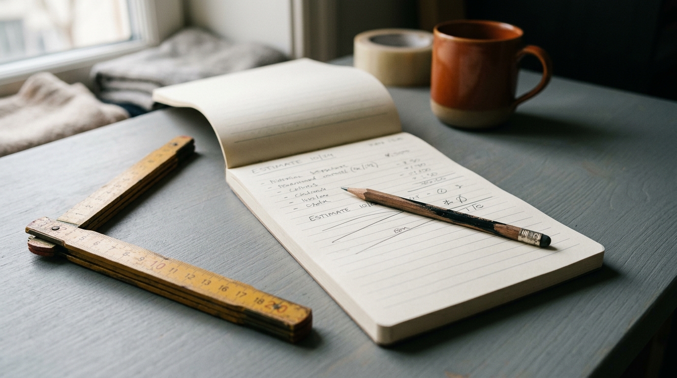 Carnet de devis manuscrit, crayon et mètre pliant sur un bureau gris