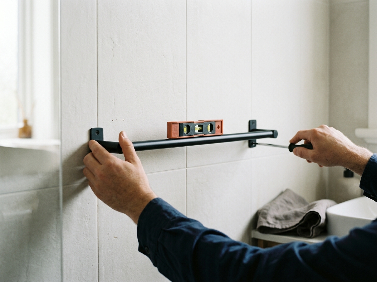 Pose d'une barre de douche noire sur un mur carrelé, niveau à bulle en appui