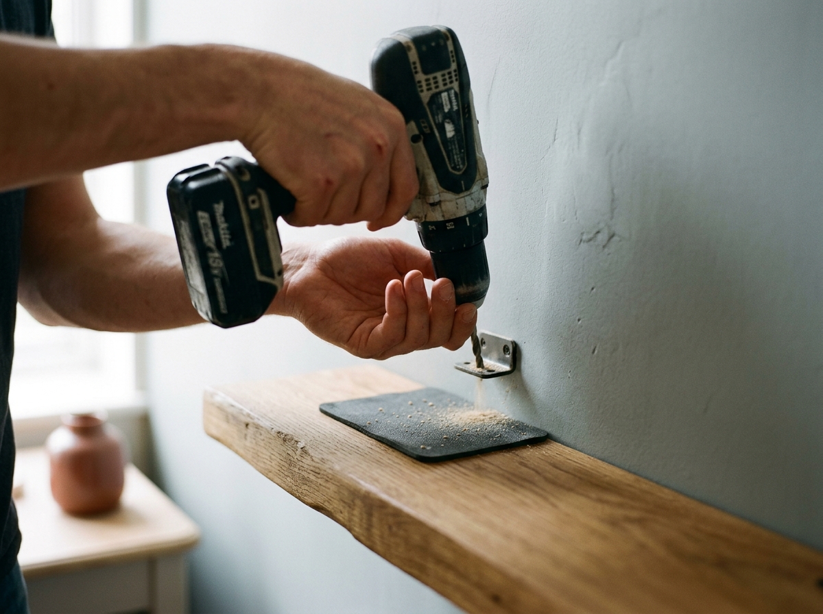 Fixation d'une étagère en chêne sur un mur gris ardoise